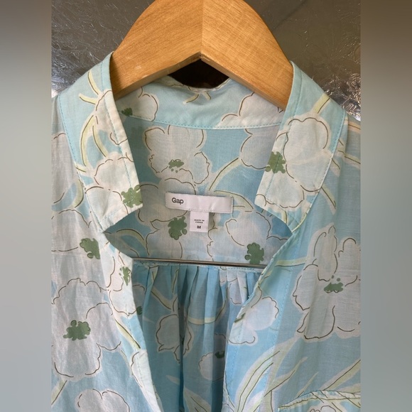 Gap Med Button Front Blouse Blue White Floral Print Silk Cotton Long Sleeve - Picture 2 of 8